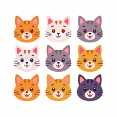Fototapeta premium Nine cartoon cat faces with different fur colors and markings are arranged in a grid on a white background.