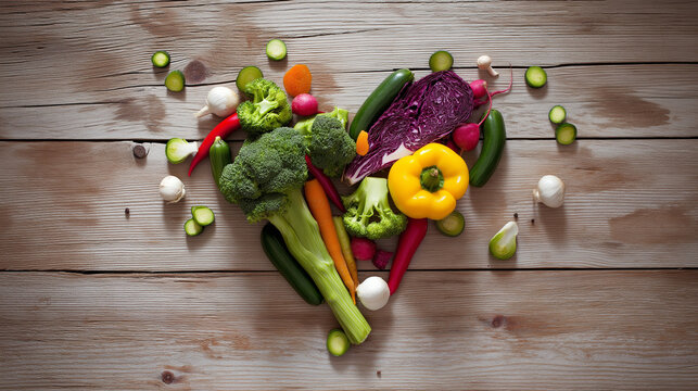 Fresh vegetables and fruits arranged in a heart shape on a rustic wooden surface, bathed in warm natural light. - Powered by Adobe