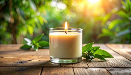 A serene candle glowing softly on a wooden table surrounded by lush greenery in a tranquil setting