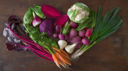 Fresh vegetables and fruits arranged in a heart shape on a rustic wooden surface, bathed in warm natural light.