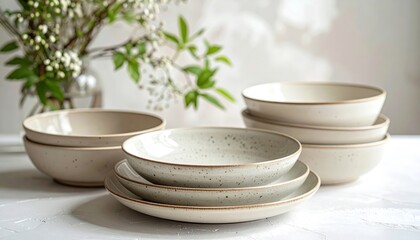 Elegant stack of ceramic plates and bowls on a marble surface with a floral background and greenery