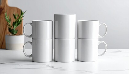 A collection of white ceramic mugs stacked artistically on a marble table, with a plant in the background