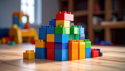 Colorful building blocks arranged in a playful structure on a wooden floor with toys in the background