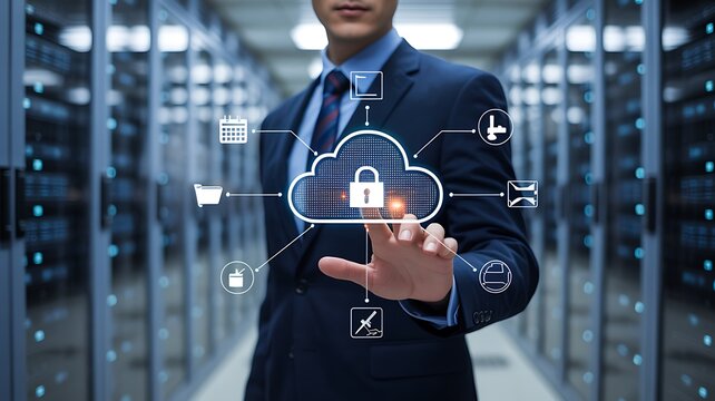 Businessman interacting with a glowing digital cloud icon representing cybersecurity and data protection in a server room