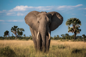 Fototapeta premium A majestic elephant stands proudly in a lush green landscape under a clear blue sky.