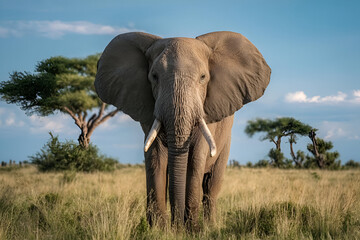 Fototapeta premium A majestic elephant stands proudly in the grasslands, highlighting the beauty of wildlife and nature's wonders.