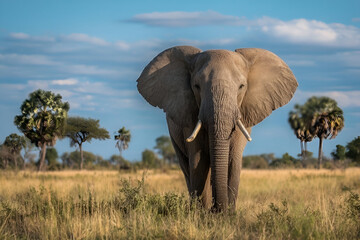 Fototapeta premium Majestic elephant standing proudly in a vibrant savannah landscape under a clear blue sky.