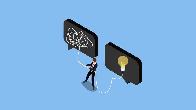 Businessman Untangling a Complicated Thought to Get a Good Idea, Finding a Solution to a Problem, Communication and Brainstorming 3d animation cartoon