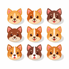 Nine cartoon corgi dog heads arranged in a grid, each with a slightly different color pattern and tongue sticking out.