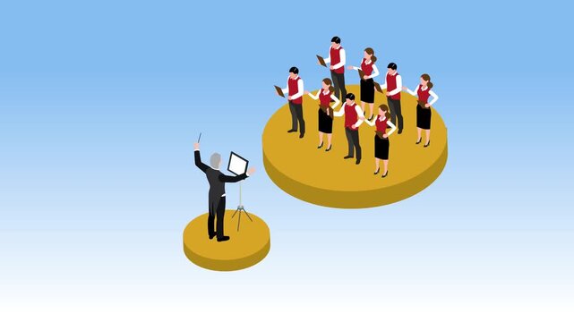 Conductor Leading a Choir of Singers, Musical Performance, and Concert, Teamwork and Harmony 3d animation cartoon