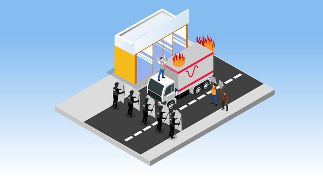 Group of Riot Police with Shields Standing in Front of an Arsonist and a Burning Truck, Civil Unrest, Protest and Riot 3d animation cartoon
