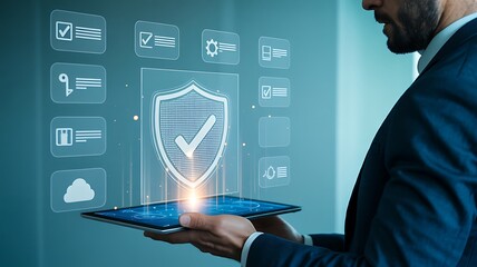 Businessman using tablet to access digital security shield and data protection interface on futuristic screen