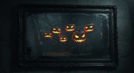 Obraz premium Eerie jack o'lanterns glow with menacing faces reflected in a dark, ornate mirror, perfect for spooky Halloween promotions