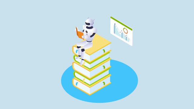 AI robot sitting on a stack of books and reading, symbolizing artificial intelligence and machine learning 3d animation cartoon