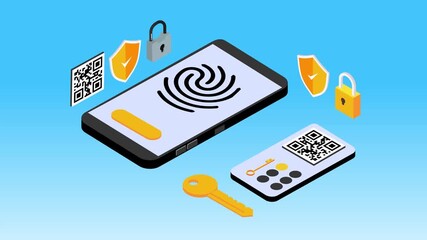 Digital security and cyber protection with biometric login, QR code, and passkey on a smartphone 3d animation cartoon - Powered by Adobe