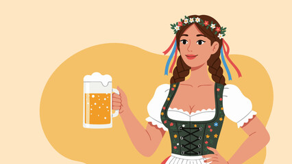Oktoberfest Woman in Traditional Bavarian Dirndl Holding Beer – Festive Cartoon Illustration