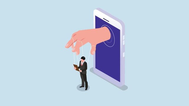Mind control and social manipulation through a smartphone with a hand coming out of a phone to control a businessman like a puppet 3d animation cartoon