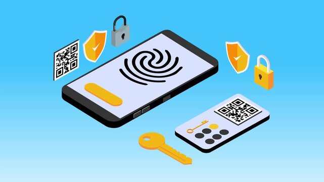Digital security and cyber protection with biometric login, QR code, and passkey on a smartphone 3d animation cartoon