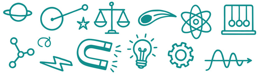 Physics-related doodle icons set.