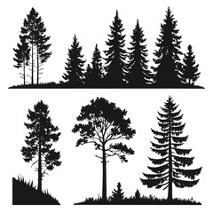 Assorted Pine Tree Silhouettes on White Background