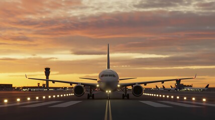 Commercial airplane on runway at sunset with dramatic clouds and landing lights illuminating the path