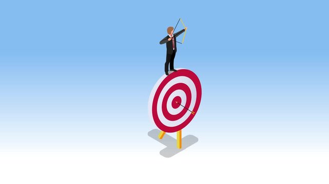 A businessman standing on a target, holding a bow and aiming an arrow at himself. Concept of self-sabotage and missing a goal 3d animation cartoon