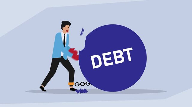 Businessman Punching and Breaking the Giant Debt Ball Chained to His Ankle Financial Freedom and Overcoming Burden Concept cartoon animation