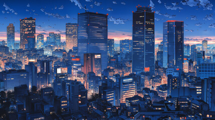 Obraz premium 懐かしさと近未来感が交錯する90年代レトロな都会の夜景、高層ビルとネオンライトが彩る摩天楼の手描き風アニメイラスト、静寂と光が織りなす幻想的な都市風景、アニメ背景素材
