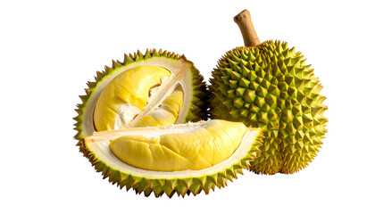 Spiky, yellow-fleshed fruit, one cut open to reveal segments, set against black