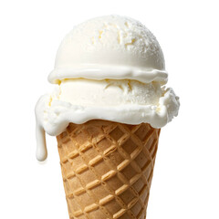 Close-up of two scoops of creamy white frozen dessert melting in a waffle cone