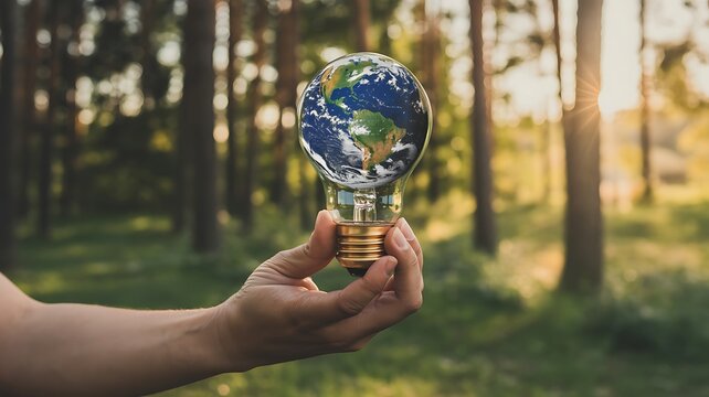 Hand holding a light bulb filled with planet earth in a lush green forest at sunset - Powered by Adobe