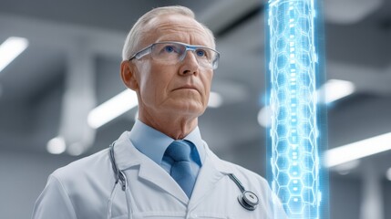 Senior doctor in a modern medical environment with advanced holographic technology illustrating futuristic healthcare concepts and innovations.