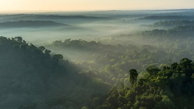Misty morning sunrise over lush green rolling hills and dense forest canopy