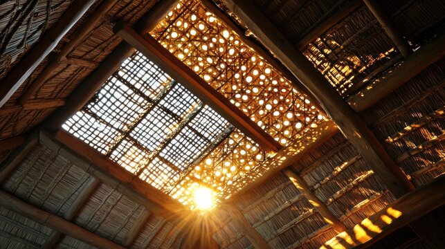 Balinese Rice Barn (Lumbung) - Woven Bamboo & Shells: A traditional Balinese lumbung, its thatched roof replaced by intricately woven bamboo and inlaid with shimmering capiz shells