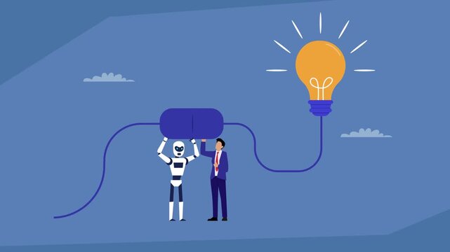 Artificial Intelligence Collaboration: A Man and a Robot Working Together to Connect a Plug and Light Up an Idea, Symbolizing the Synergy Between Humans and AI cartoon animation