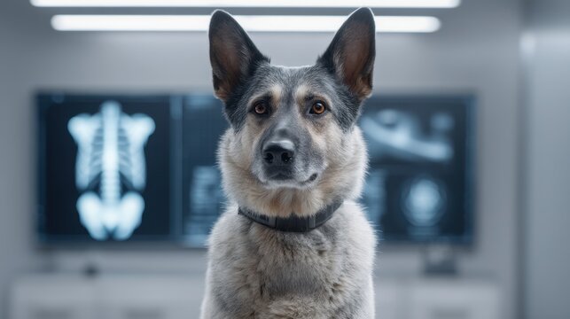 Dog in Veterinary Clinic with X-ray Images in Background, Focused on Animal Health and Care, Modern Technology and Healthcare Environment