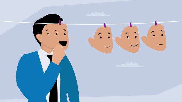 Psychological Duality and Emotional Masks, Man Hanging Different Masks on a Clothesline cartoon animation