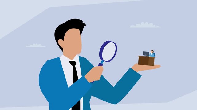 Recruitment and Employee Evaluation, Big Man Holding Magnifying Glass to Find Small Worker cartoon animation