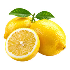 Group of bright yellow citrus fruits, some whole, one halved, with green leaves