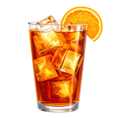 Refreshing iced beverage, amber-toned drink with ice cubes, orange slice garnish, clear glass