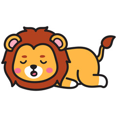 Cartoon Lion Napping with Closed Eyes in Light Yellow and Brown on White Background Doodle Illustration