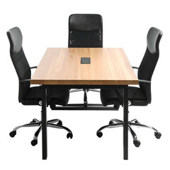 Meeting room setup. Square wooden table, three office chairs, central position on black background