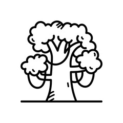 Line Art Tree Icon with Thick Trunk and Dense Foliage Isolated on Transparent Background