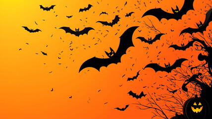 Bats Flying Over Halloween Landscape at Twilight with Pumpkins