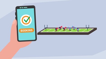 Mobile Sports Betting or Online Booking, A Man Holding a Smartphone with a Football Field and Players cartoon animation - Powered by Adobe