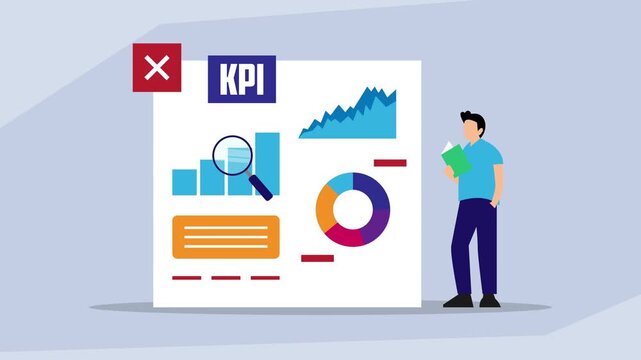Data Analysis and Key Performance Indicators, Man Checking KPI Dashboard cartoon animation