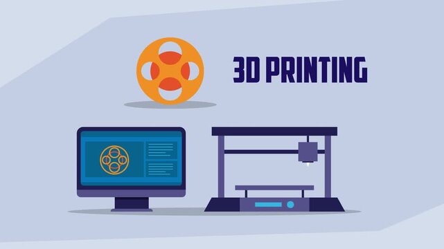 3D Printing and Industrial Design, A Desktop Printer with a Monitor and Materials cartoon animation