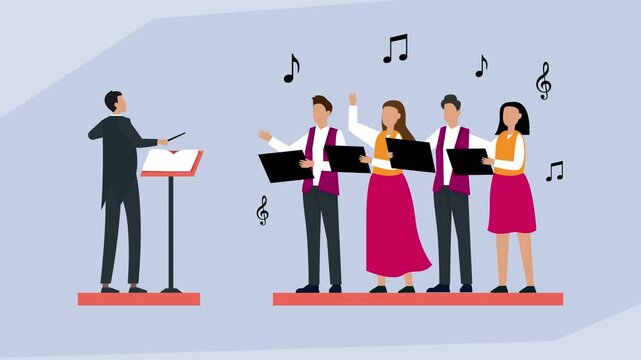 Choir and Orchestra Conductor, A Group of People Singing and Waving to the Audience cartoon animation