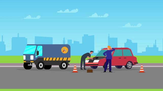 Roadside Assistance and Car Repair Service, A Man Helping a Woman to Fix Her Broken Car cartoon animation