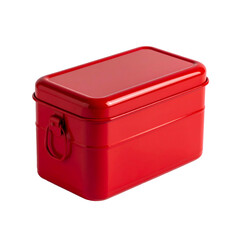 Glossy red rectangular metal container with a handle, isolated on a black background
